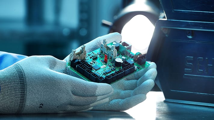 Single PCBA board held in hand for quality inspection